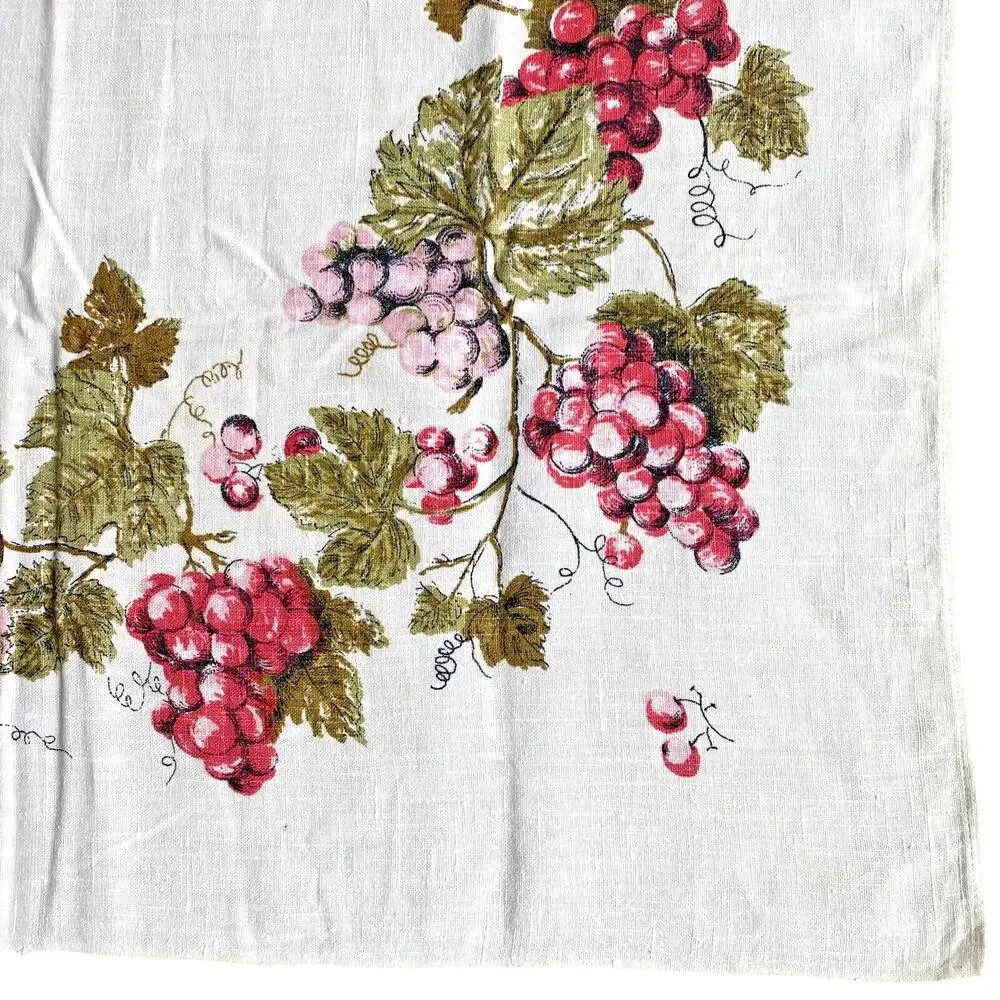 Square tablecloth printed cotton blend pink red grapes greenery vine border FLAW
